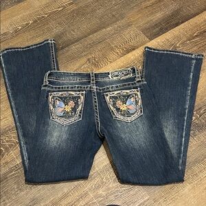 Grace in LA Girls Dark Blue Boot Cut Jeans with Butterfly Embroidery